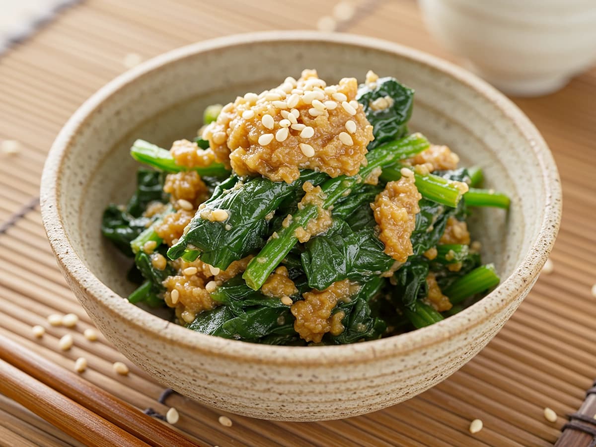 Spinach in Sesame Sauce (Goma-ae) with spinach, sesame seeds and soy sauce — Japan recipe