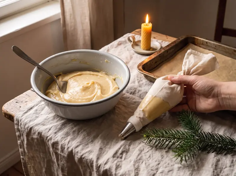 Soft Spritzgebäck dough spooned into a piping bag with a star nozzle, with a mixing bowl and baking trays beside it