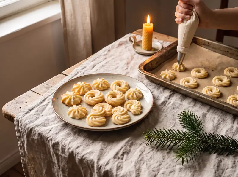 Piping Spritzgebäck rosettes with a star nozzle onto a tray lined with baking paper, rings and rosettes already in rows