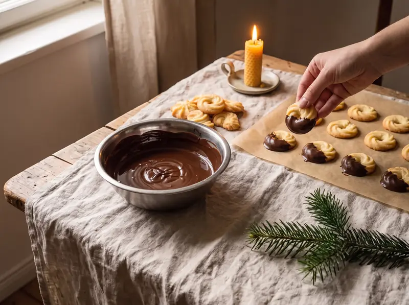 Cooled Spritzgebäck cookies dipped halfway into melted dark chocolate and set on baking paper