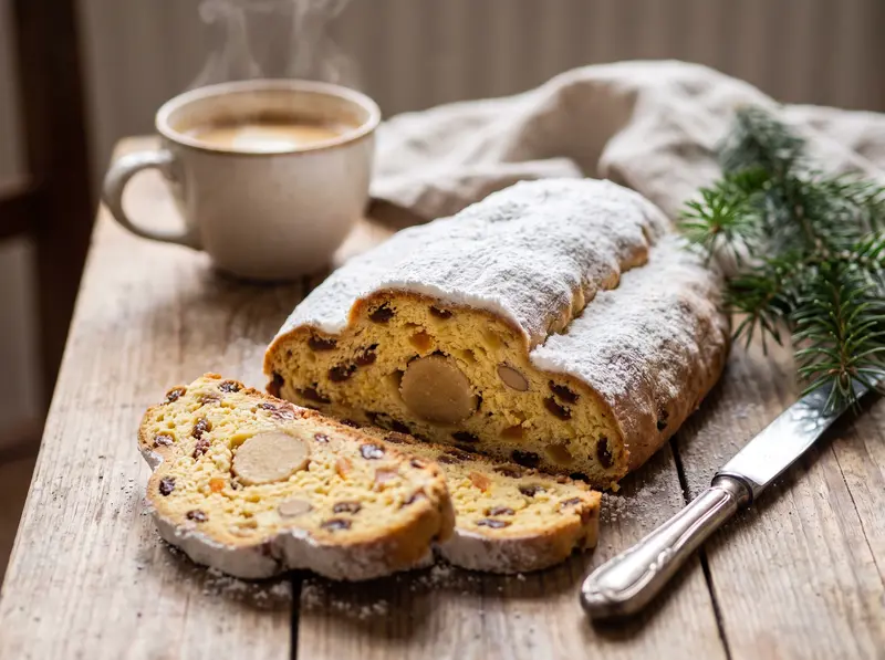 Christstollen (German Christmas Stollen) with raisins, candied orange peel and almonds — Germany recipe