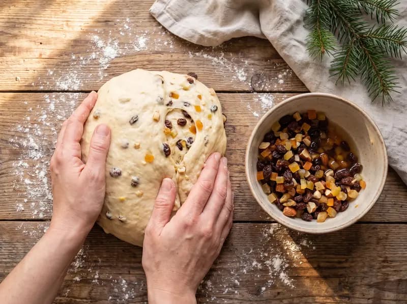 Kneading rum-soaked raisins, candied peel and almonds into the yeast dough for Christmas stollen