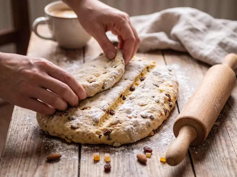 Folding the smaller side of the fruit dough over the groove to shape a Christmas stollen