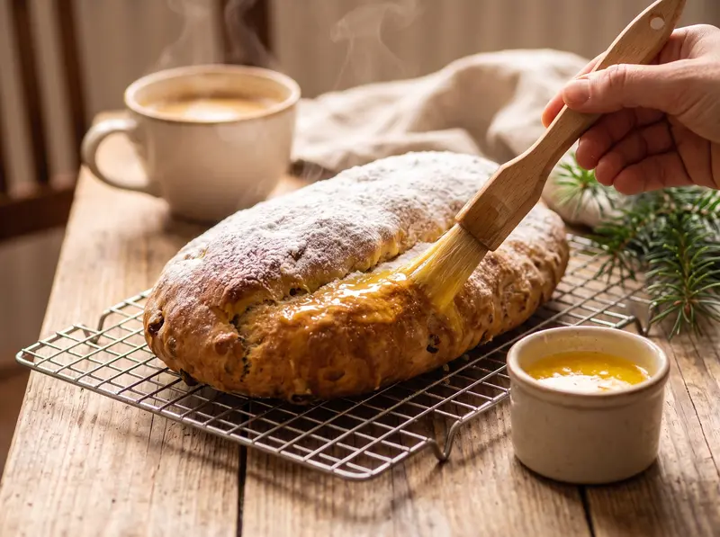 Brushing the hot baked stollen with melted butter on a cooling rack before dusting with sugar