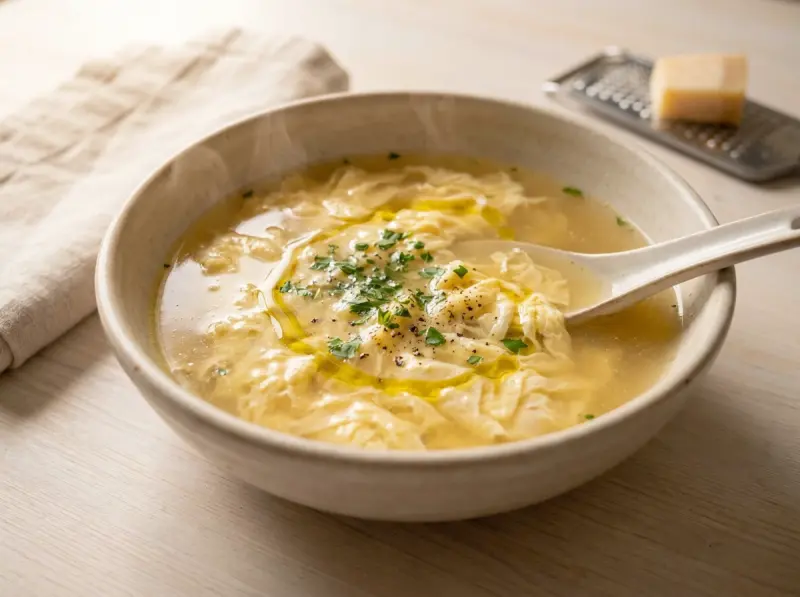 Stracciatella alla Romana (Roman Egg Drop Soup) with chicken broth, eggs and parmesan — Italy recipe