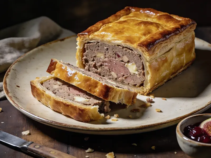 Homemade Strasbourg-style Pâté en Croûte with chicken livers, chicken breast and pork neck or fatty shoulder — France recipe