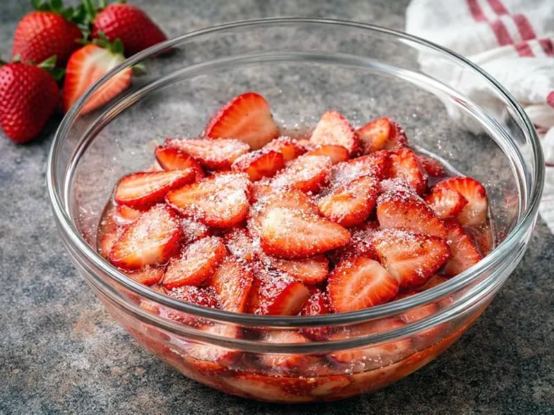 Sliced strawberries macerating in sugar and releasing juice for the matchamisu
