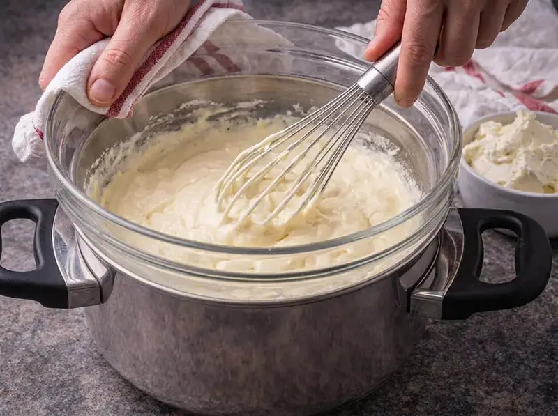Egg yolks and sugar whisked pale and ribbony over a water bath for the cream
