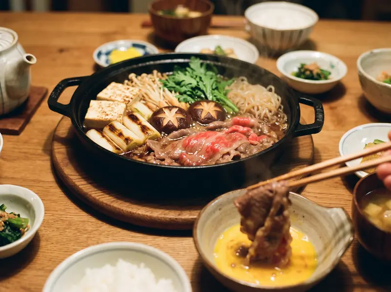 Sukiyaki (pentola giapponese con manzo): manzo, tofu, porro — Giappone · ricetta