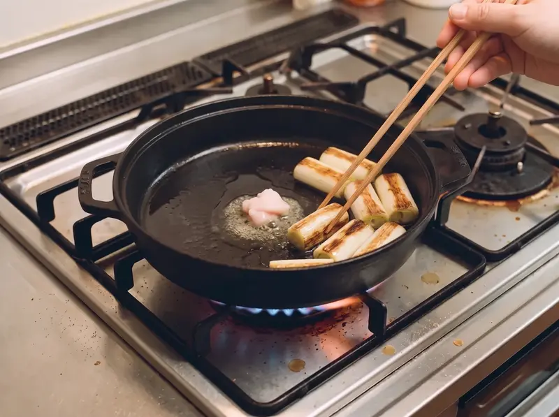 Beef fat melting and thick negi leek browning in a cast-iron pan on the stove for sukiyaki