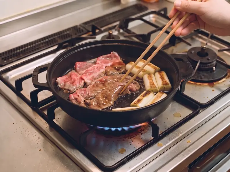 Warishita sauce poured over thin marbled beef slices laid in the sukiyaki pan