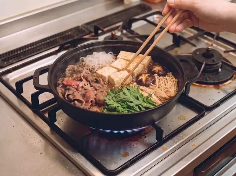 Tofu, shiitake, enoki, shungiku and shirataki arranged in groups beside the beef in sukiyaki