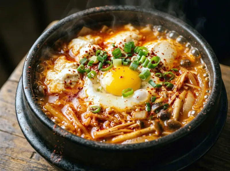 Sundubu Jjigae (Korean Soft Tofu Stew) with sundubu (Korean soft/silken tofu, kimchi and gochugaru — Korea recipe