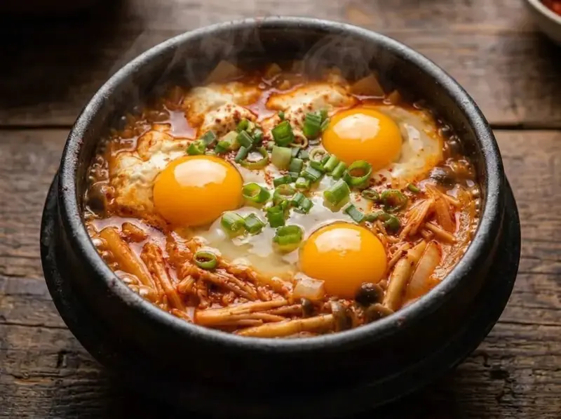 Uova rotte nel sundubu jjigae che bolle: albumi rappresi, tuorli interi, cipollotto su tofu e funghi