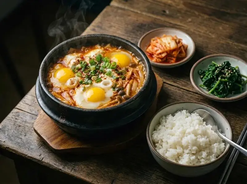 Sundubu jjigae con le uova servito nel suo coccio su un sottopentola di legno, con riso, kimchi e spinaci