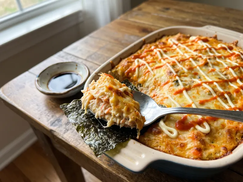 Sushi Bake with sushi rice, imitation crab and Kewpie mayonnaise — Philippines recipe