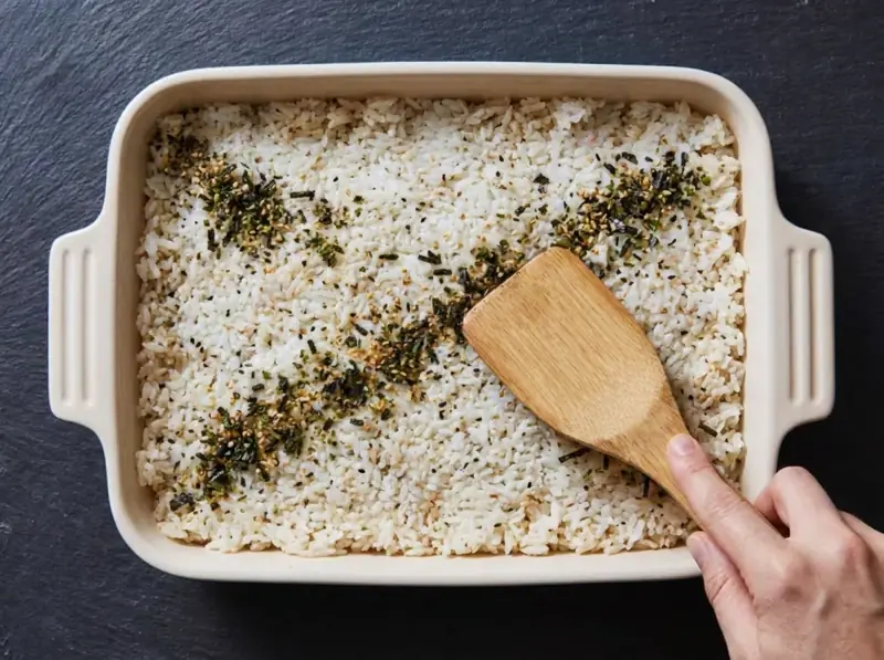 Pressing seasoned sushi rice sprinkled with furikake into a white baking dish for sushi bake