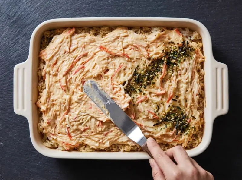 Spreading creamy crab and mayo topping over the rice layer of an unbaked sushi bake