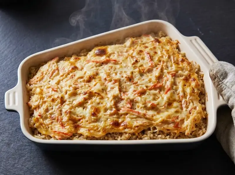 Sushi bake just out of the oven with a golden bubbling crab topping and steam rising