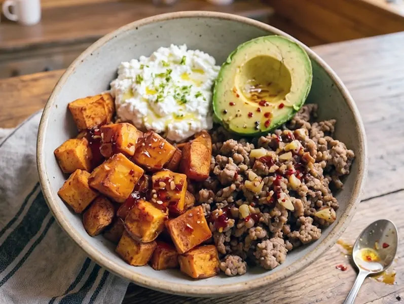 Sweet & Spicy Garlic Bowl with sweet potatoes, lean ground turkey and cottage cheese — USA recipe