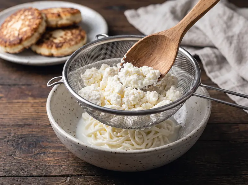 Ricotta passata al setaccio fine per i syrniki: sotto cade una massa liscia, sulla rete restano i grumi.