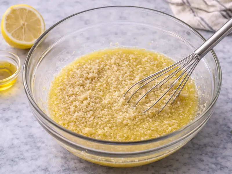 Feiner Bulgur quillt im Zitronen-Olivenöl-Dressing für Taboulé