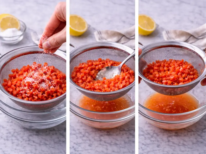 Gesalzene Tomatenwürfel tropfen im Sieb für das Taboulé ab