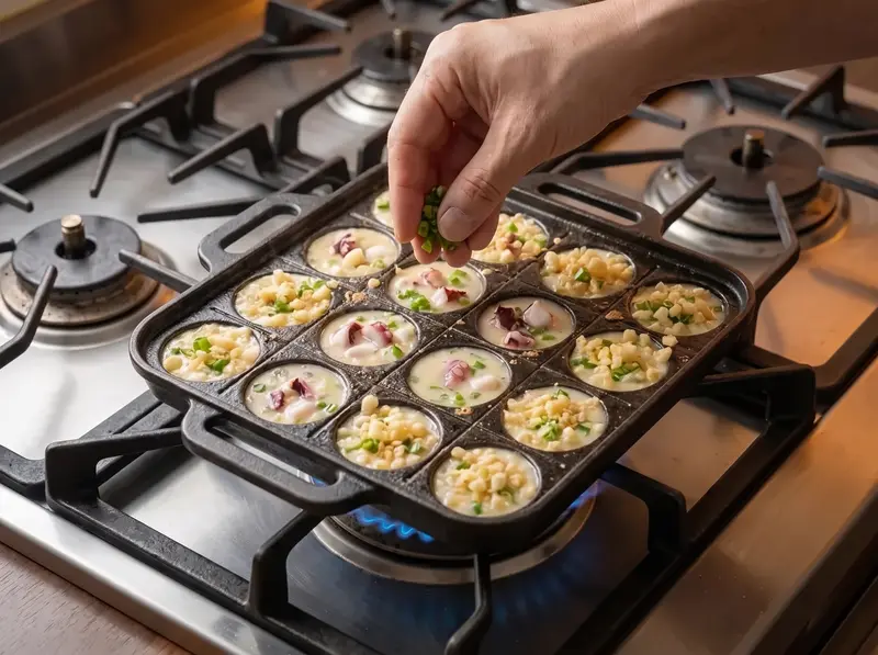 Chopped green onion sprinkled by hand into the batter-filled moulds of a cast-iron takoyaki pan on a gas burner