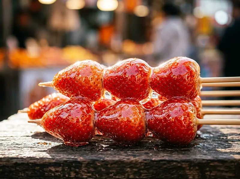 Tanghulu (fruta confitada china): fresas, azúcar — China · receta