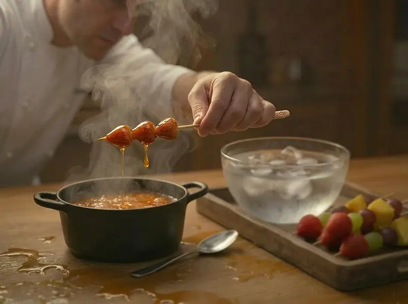 Brochetas de fruta bañadas en caramelo caliente para el tanghulu