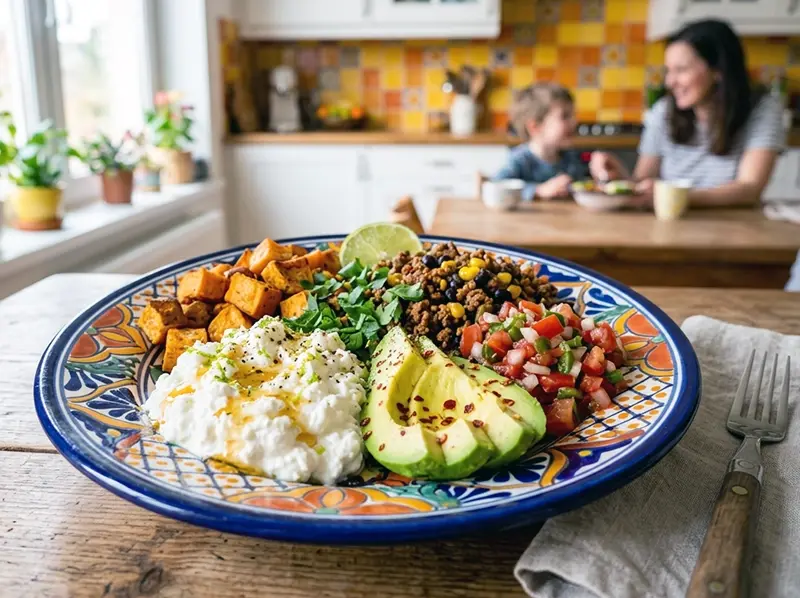 Tex-Mex Cottage Cheese Bowl with sweet potatoes, lean ground beef or turkey and canned black beans — USA recipe