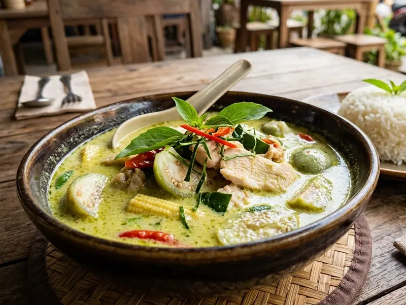 Thai Green Curry (Gaeng Keow Wan) with chicken thighs or protein, coconut milk and green curry paste — Thailand recipe