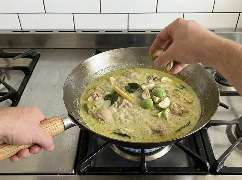 Curry verde tailandese: una mano lascia cadere melanzane thai a spicchi nel curry di cocco verde con pollo e foglie di lime