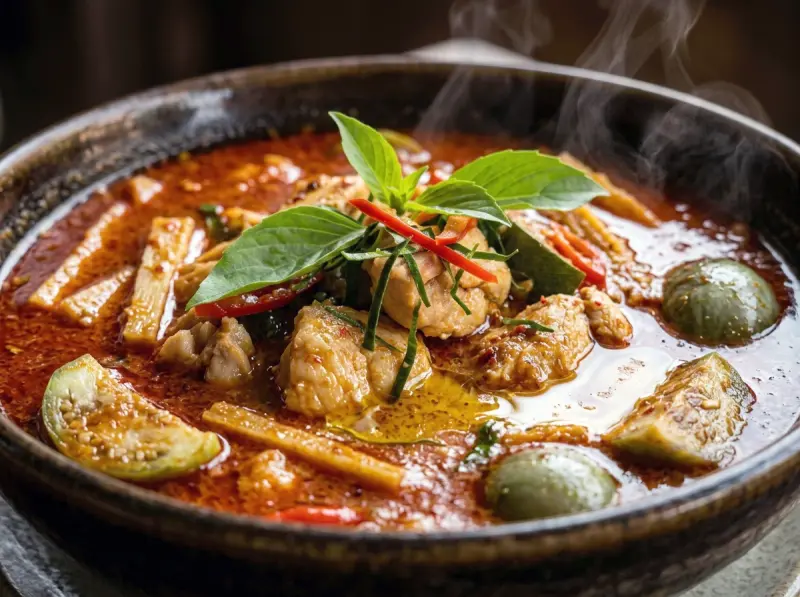 Thai Red Curry (Gaeng Phet) with chicken thighs or beef, red curry paste and coconut milk — Thailand recipe