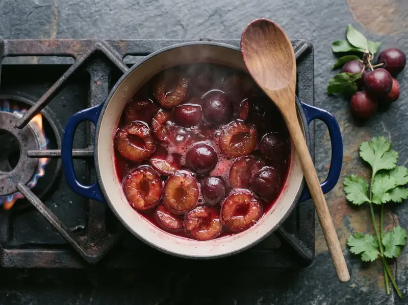 Halved sour plums simmering in water until soft for tkemali sauce
