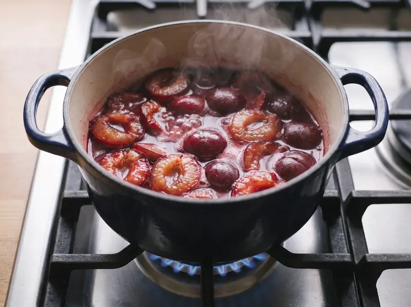 Halved sour plums simmering in water until soft for tkemali sauce