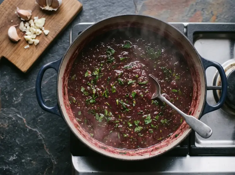 Chopped cilantro, dill and mint stirred into the simmering tkemali at the end