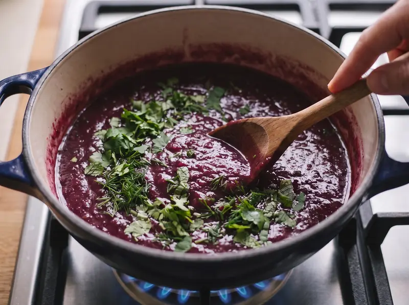 Chopped cilantro, dill and mint stirred into the simmering tkemali at the end