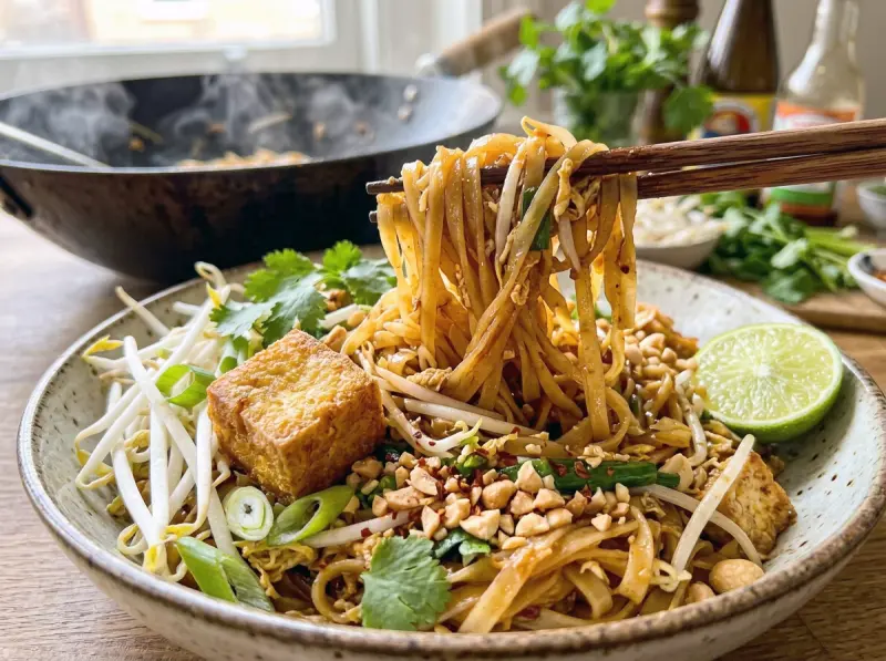 Tofu Pad Thai with rice noodles, tofu and tamarind paste — Thailand recipe
