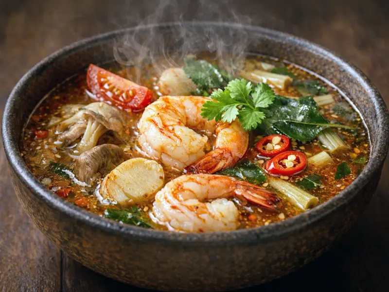 Tom Yum Goong (Sopa tailandesa Picante y Ácida con Gambas): gambas, champiñones, tomate — Tailandia · receta