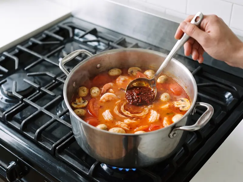 Tom Yum: geschälte Garnelen, Pilze und Tomatenspalten in der Brühe, ein Löffel Chilipaste kommt dazu