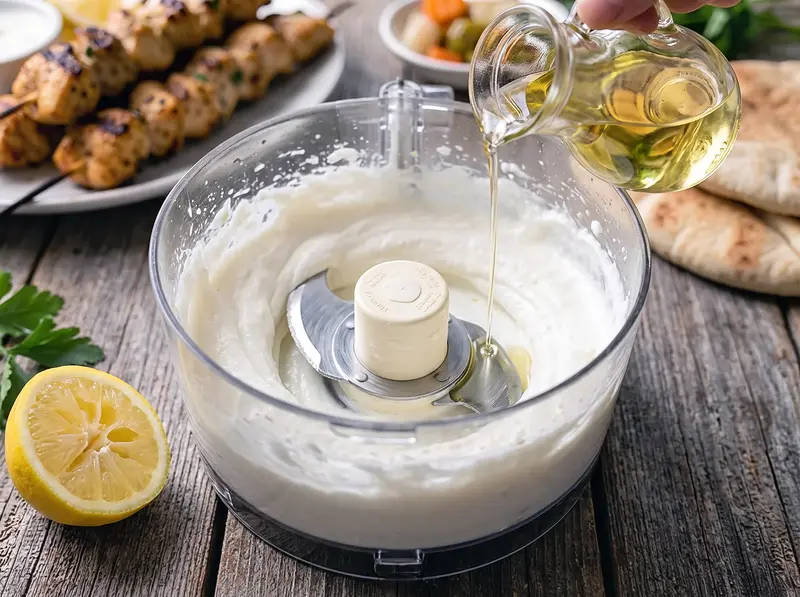 Olio versato a filo nell'emulsione bianca di aglio del toum in lavorazione