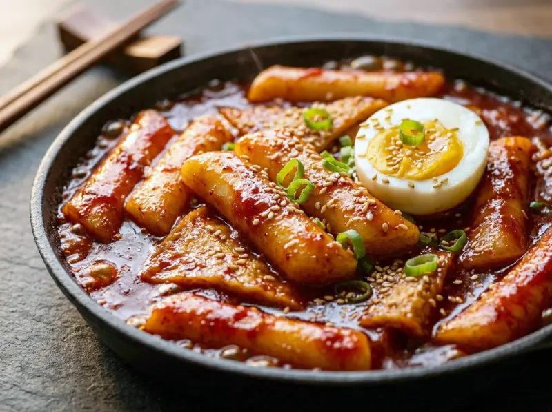 Tteokbokki (Korean Spicy Rice Cakes) with garaetteok (Korean cylindrical rice cakes) — fresh, gochujang and fish cake — Korea recipe