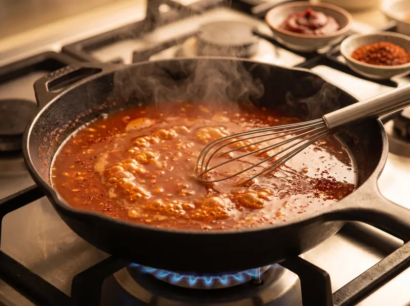 La salsa rosso mattone del tteokbokki, brodo di acciughe e gochujang, sobbolle nella padella di ghisa con la frusta