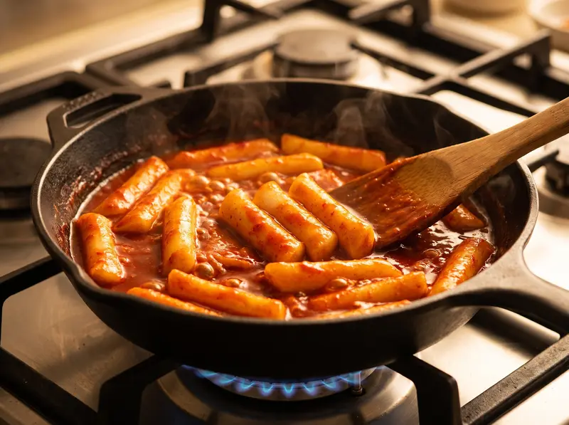 Gli gnocchi di riso sobbollono nella salsa rossa lucida che si addensa e li avvolge: il tteokbokki è quasi pronto