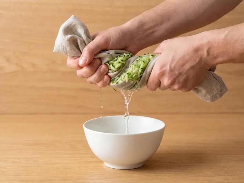 Cetriolo grattugiato torto e strizzato con forza in un canovaccio di lino sopra una ciotola, l'acqua cola, per tzatziki