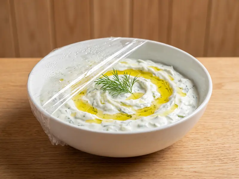 Tzatziki finito con olio d'oliva e un rametto di aneto in una ciotola bianca, coperto a metà con pellicola per raffreddare