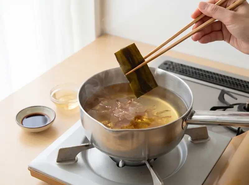 Kombu steeping in cold water as the dashi for kake udon comes to heat