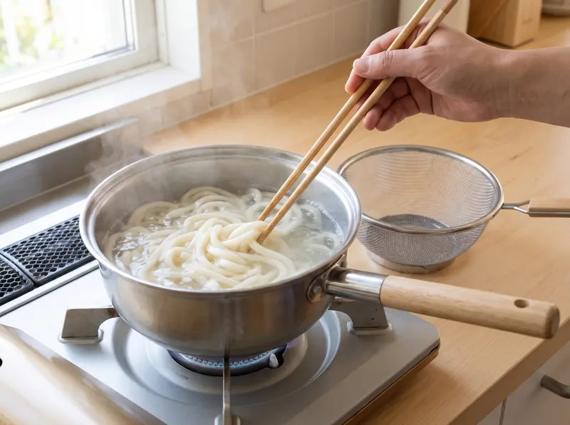 Udon noodles boiling in a separate pot of unsalted water