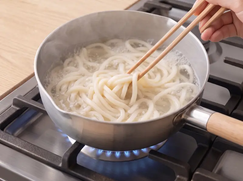 Fideos udon hirviendo en una olla aparte con agua sin sal